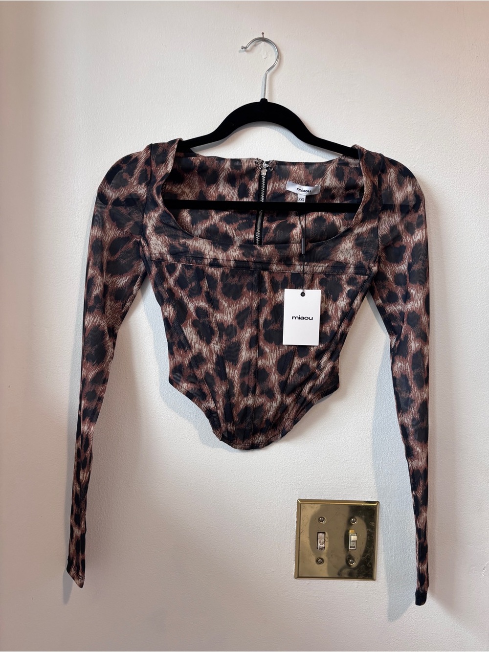 Miaou Leopard Print Square-Neck Long Sleeve Bodysuit - Brown/Black